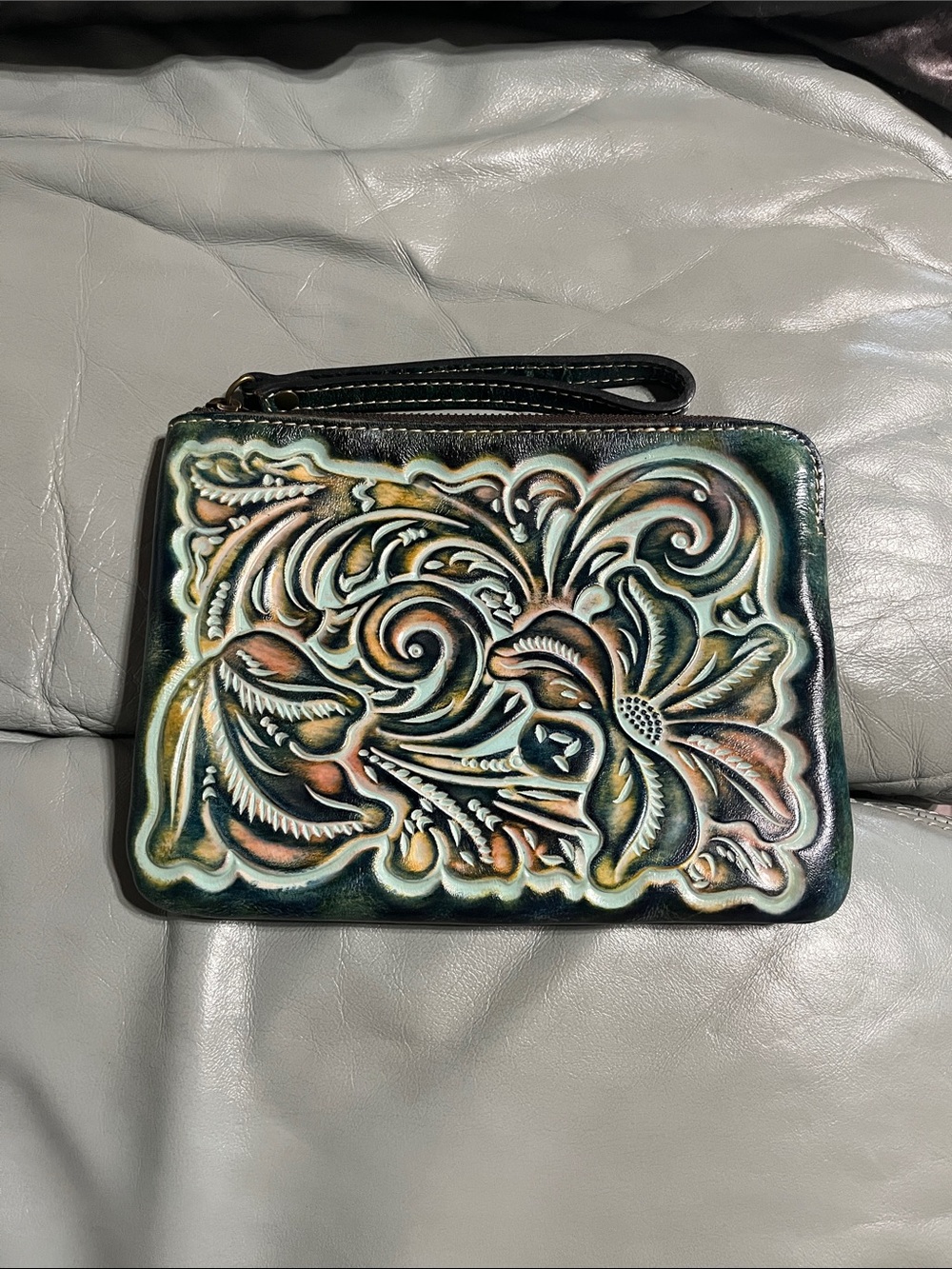 Hand-Tooled Floral Leather Wristlet - Green & Teal Accent